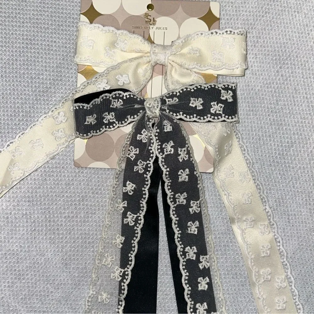 SJ Ivory White Black Ivory Satin Floral Lace Bow Tie Clips Set of 2